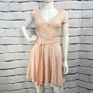 B. Darlin Formal Dress Size 3/4 Lace Overlay Peach Nude V Neck Faux Wrap Zip Tie